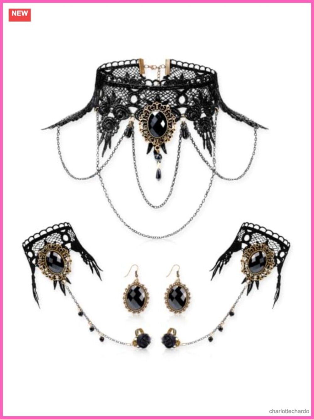Gothic Victorian 5 Piece Jewelry Set Necklace Bracelets Earrings Rings